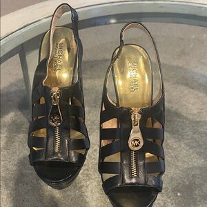 Michael Kors Black leather Strappy Heels with gold zippers size 7